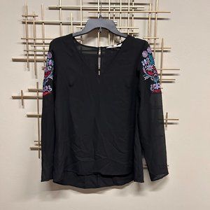 BCBGeneration Black Sheer Top With Embroidered Sleeves - size S
